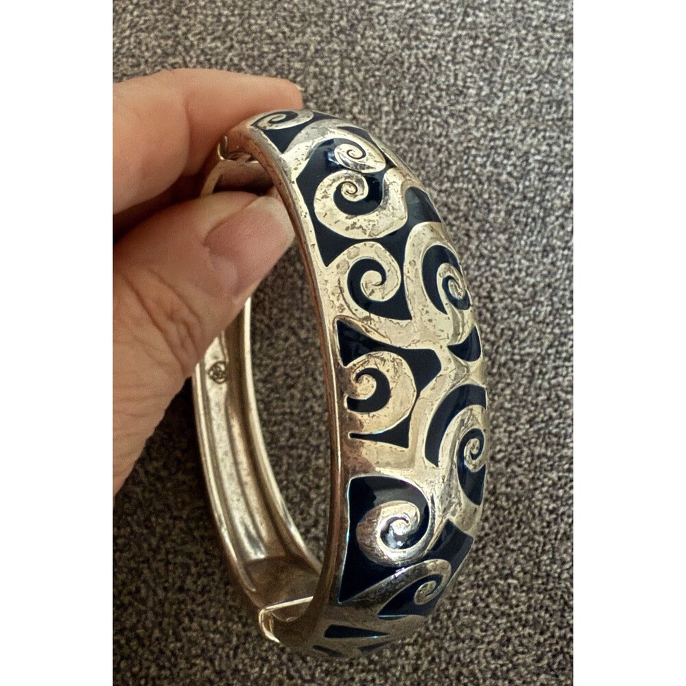 Brighton Hinged Cuff Bangle Bracelet Blue Swirls Silvertone